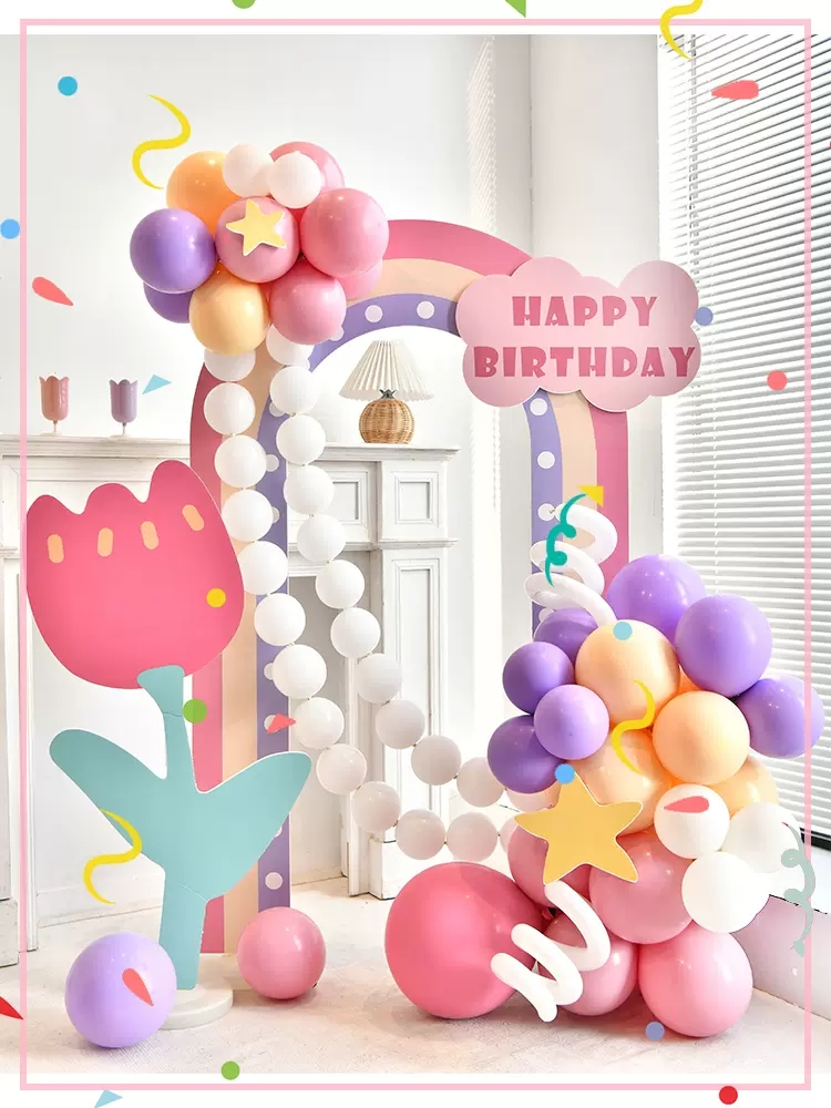 马卡龙色气球女孩周岁生日派对气球儿童主题kt板背景墙装饰场景
